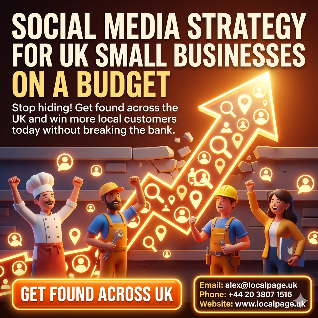 Bold, high-contrast 3D social media image showing customer icons and a magnifying glass over a UK map, illustrating getting found by customers across the country.